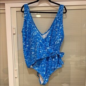 Blue and White Wrap One Piece Swimsuit Size 3X
